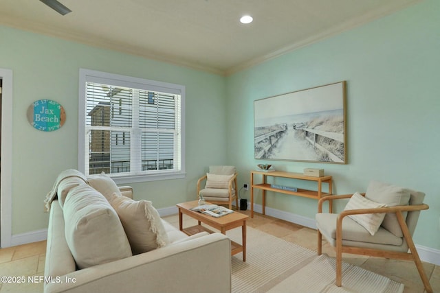 sitting room featuring crown molding, recessed lighting, baseboards, and tile patterned floors