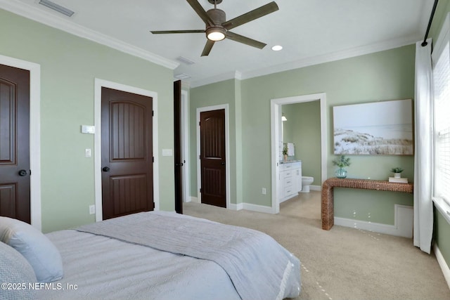 bedroom with visible vents, light carpet, baseboards, and ornamental molding