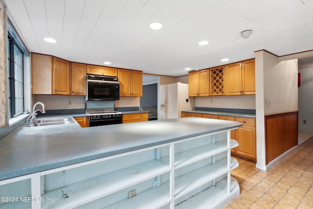 kitchen with sink, kitchen peninsula, and black appliances