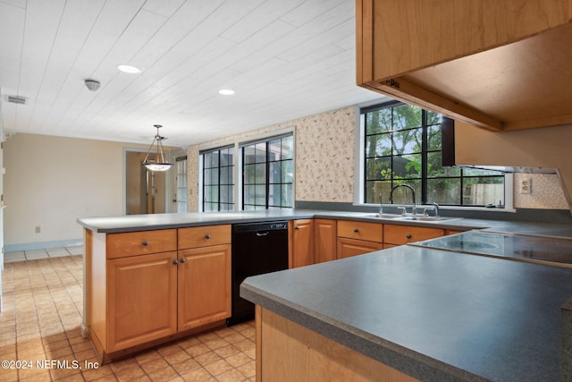 kitchen featuring sink, black dishwasher, light tile patterned flooring, pendant lighting, and kitchen peninsula