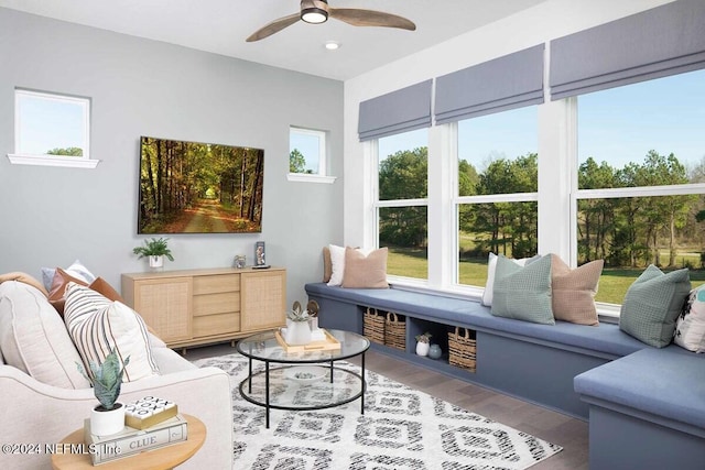 living room with wood-type flooring and ceiling fan