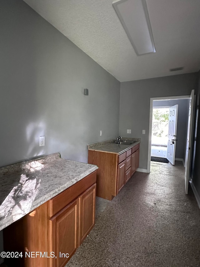 kitchen featuring a textured ceiling, carpet floors, and sink