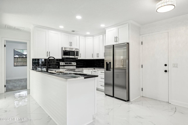 kitchen with white cabinets, kitchen peninsula, decorative backsplash, sink, and appliances with stainless steel finishes