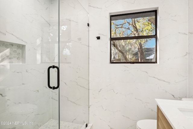 bathroom featuring toilet, vanity, and a shower with door