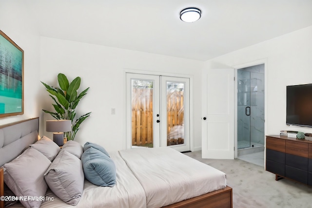 carpeted bedroom featuring french doors, access to exterior, and ensuite bathroom