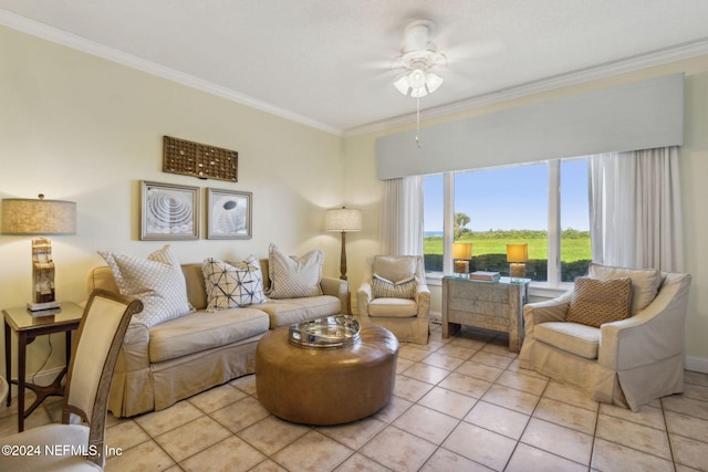 tiled living room featuring ceiling fan and ornamental molding