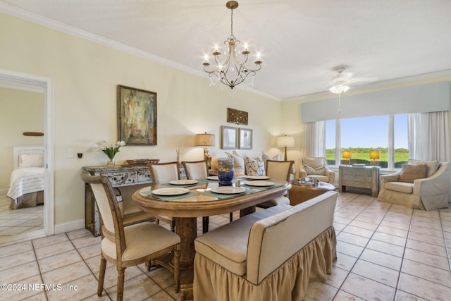 dining area featuring ceiling fan with notable chandelier, light tile patterned floors, and crown molding