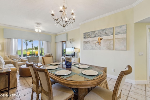 tiled dining area with ornamental molding and ceiling fan with notable chandelier