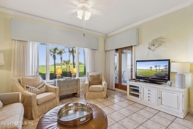 living room with light tile patterned flooring, ceiling fan, and crown molding