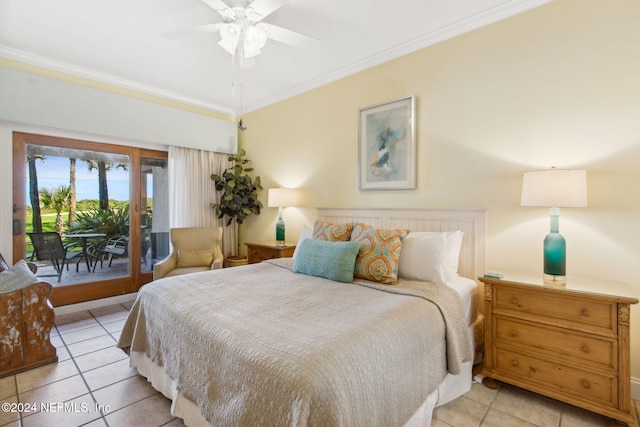 tiled bedroom featuring ornamental molding, access to outside, and ceiling fan