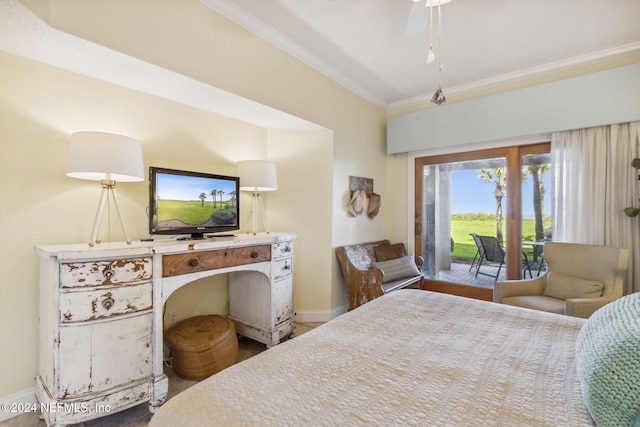 bedroom with access to outside, ceiling fan, and crown molding