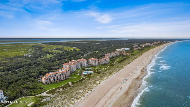 bird's eye view with a view of the beach and a water view