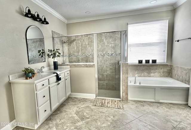 bathroom featuring vanity, separate shower and tub, ornamental molding, and a textured ceiling