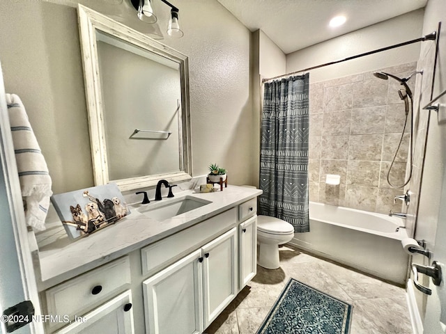 full bathroom with shower / bathtub combination with curtain, vanity, and toilet