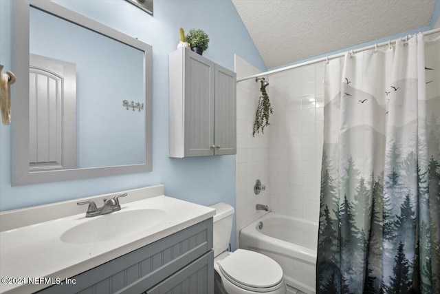 full bathroom with vanity, lofted ceiling, toilet, a textured ceiling, and shower / tub combo