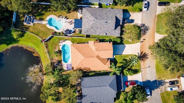 drone / aerial view featuring a water view