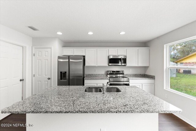 kitchen with stainless steel appliances, white cabinets, sink, a kitchen island with sink, and light stone countertops