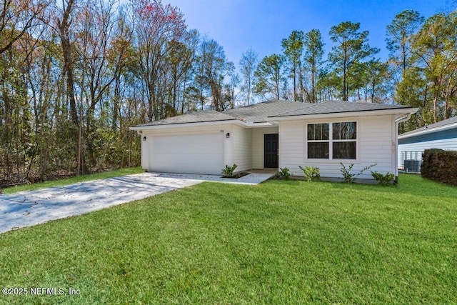 single story home with a garage, central AC unit, and a front yard