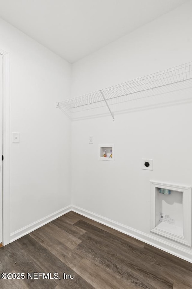 clothes washing area featuring hookup for a washing machine, dark wood-type flooring, and hookup for an electric dryer