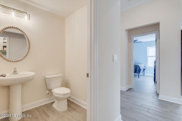 bathroom featuring hardwood / wood-style flooring, toilet, ceiling fan, and sink