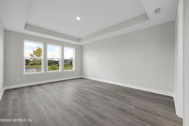 spare room featuring hardwood / wood-style floors and a raised ceiling