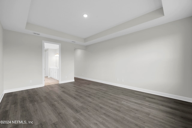 spare room featuring a raised ceiling and dark hardwood / wood-style flooring