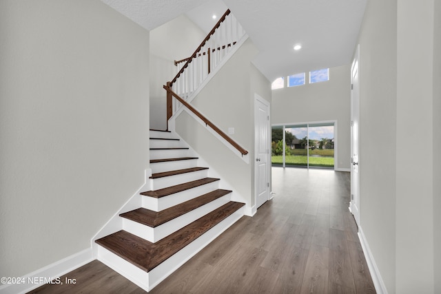 foyer with a high ceiling and hardwood / wood-style floors