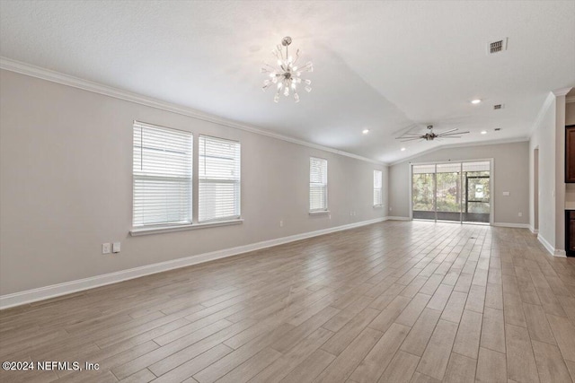 unfurnished living room featuring light wood-type flooring, vaulted ceiling, ceiling fan with notable chandelier, and crown molding