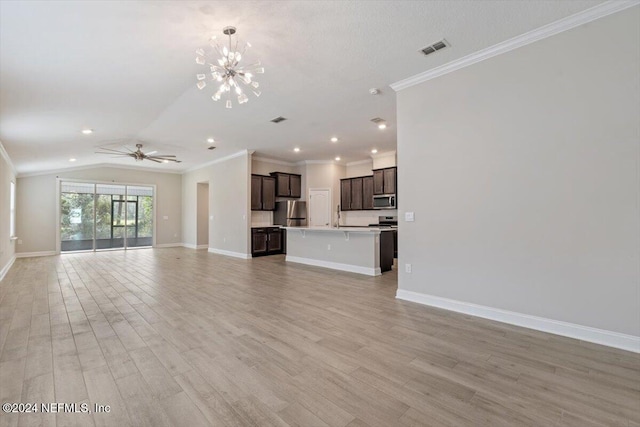 unfurnished living room featuring light hardwood / wood-style floors, ceiling fan with notable chandelier, lofted ceiling, and crown molding