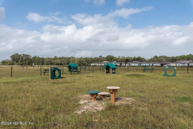 view of jungle gym with a lawn