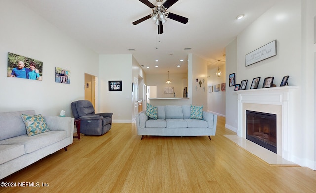 living room with hardwood / wood-style flooring and ceiling fan