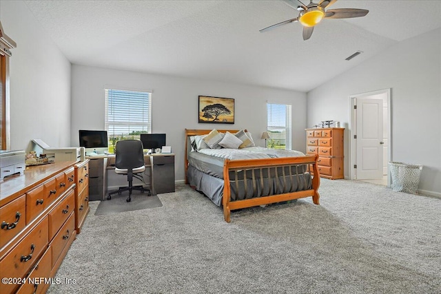 carpeted bedroom with a textured ceiling, multiple windows, ceiling fan, and vaulted ceiling