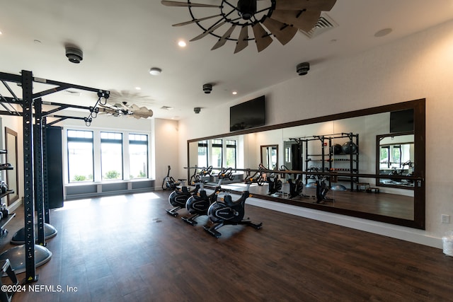 gym featuring hardwood / wood-style flooring