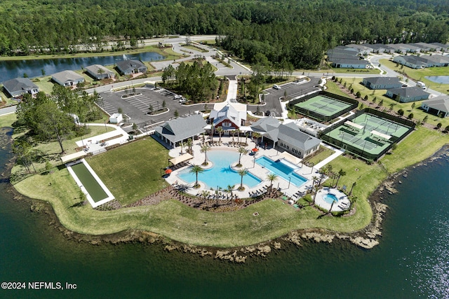 aerial view featuring a water view