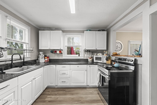 kitchen with a healthy amount of sunlight, white cabinetry, sink, and electric stove