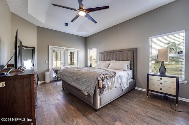 bedroom with ceiling fan, dark hardwood / wood-style floors, and multiple windows