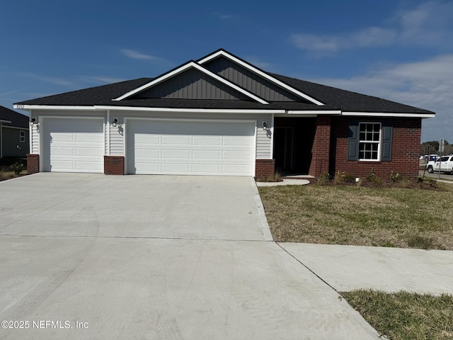 ranch-style home featuring brick siding, concrete driveway, board and batten siding, a garage, and a front lawn