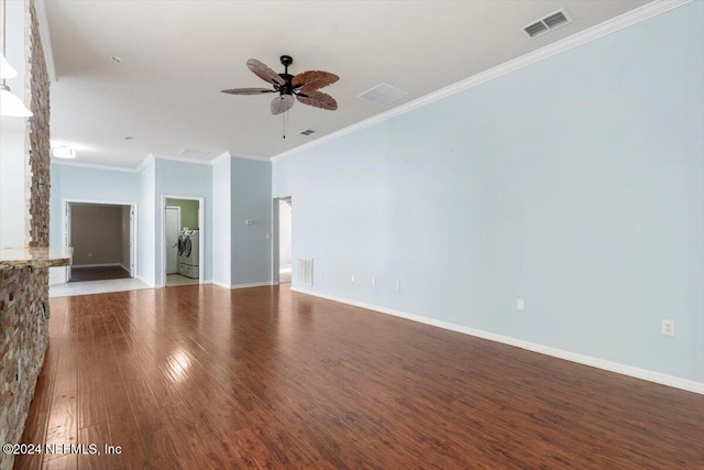 unfurnished living room with ornamental molding, hardwood / wood-style floors, separate washer and dryer, and ceiling fan