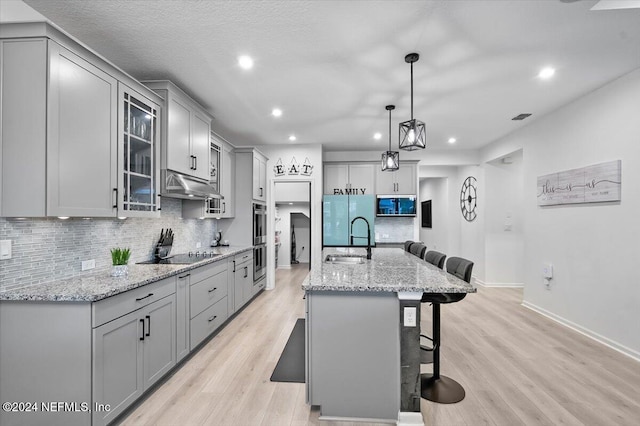 kitchen featuring stainless steel appliances, light wood-type flooring, gray cabinets, sink, and an island with sink