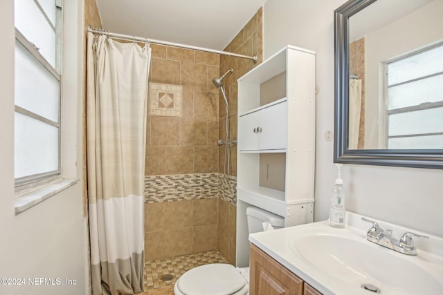 bathroom featuring a shower with curtain, vanity, and toilet