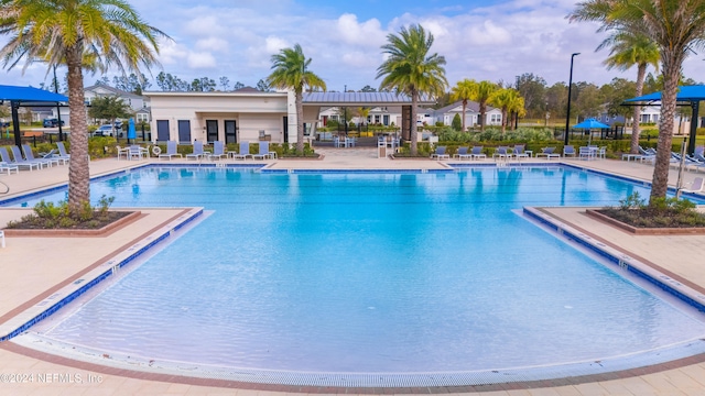 view of swimming pool with a patio area