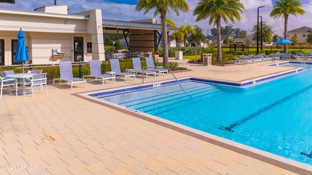 view of swimming pool with a patio