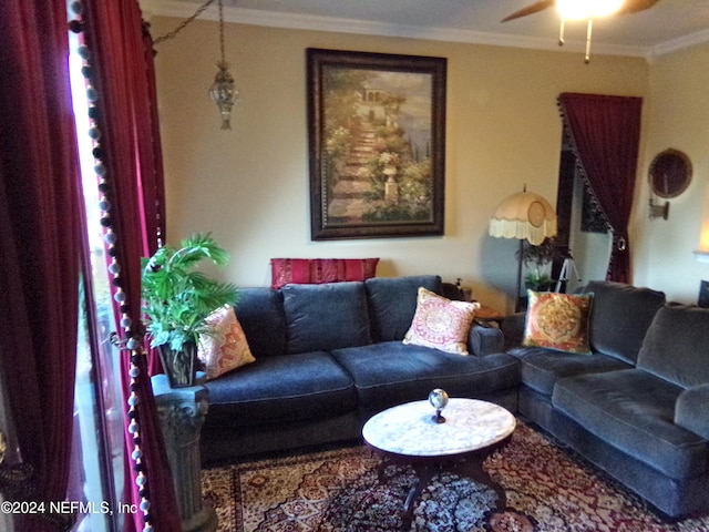 living room with ceiling fan and crown molding