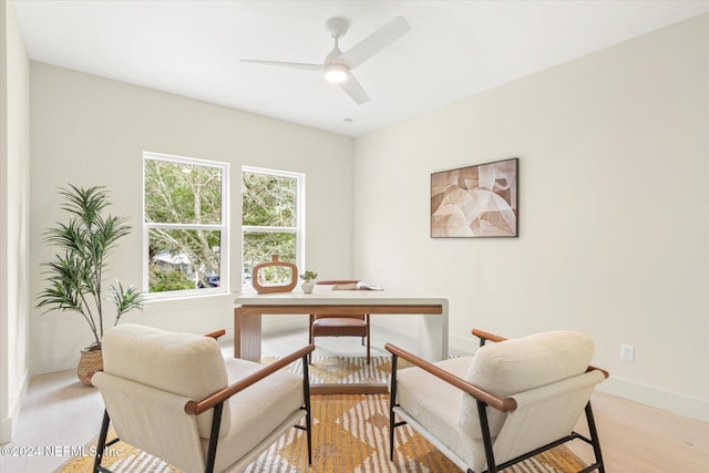 office with ceiling fan and light hardwood / wood-style floors