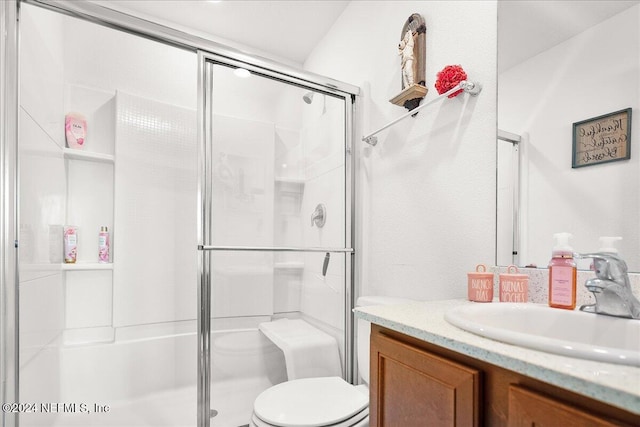 bathroom with an enclosed shower, vanity, and toilet