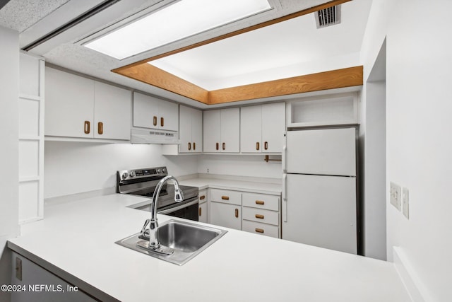 kitchen with electric stove, sink, and white refrigerator