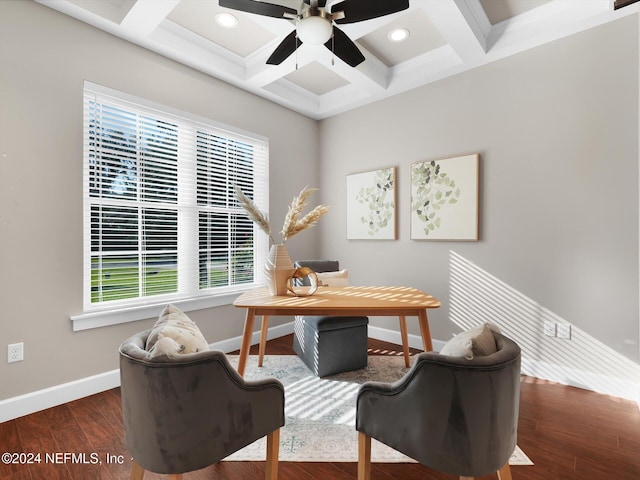 office area with beamed ceiling, dark hardwood / wood-style floors, ceiling fan, and coffered ceiling