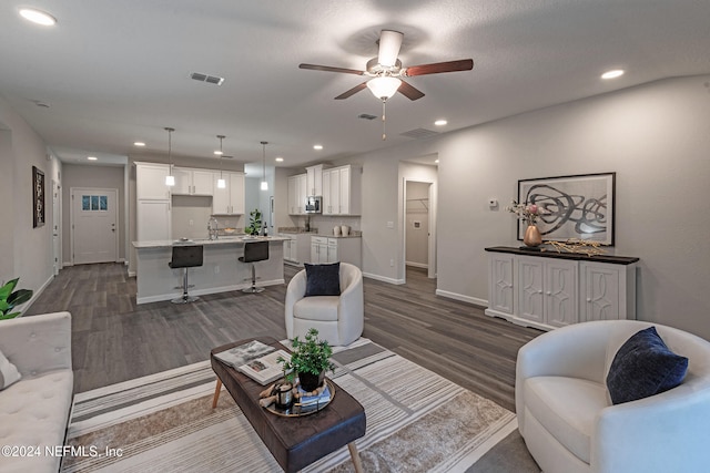 living room with dark wood-type flooring, ceiling fan, a textured ceiling, and sink