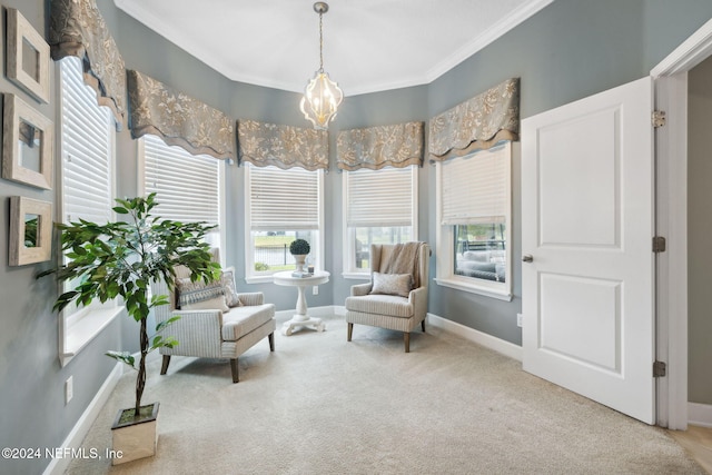 sitting room featuring carpet and ornamental molding