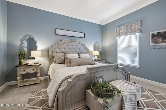 bedroom featuring carpet and crown molding